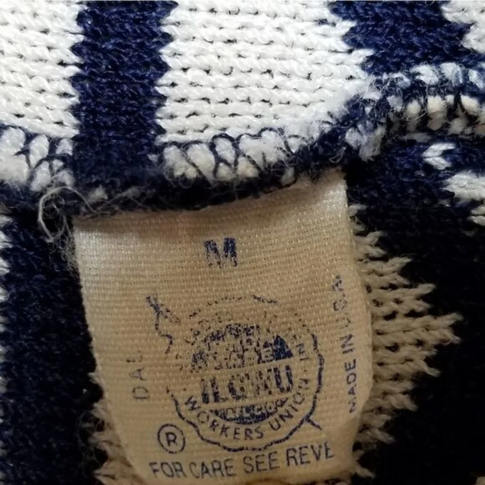 60s Vintage Dalton Blue White Geometric Print Union ILGWU Open Front Cardigan M